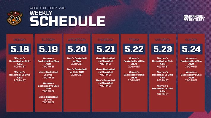 Weekly schedule template with seven yellow day columns on blue background. Each column displays day name, date, and multiple event listings. Club logo on left, organizational logo on right, textured blue-to-yellow gradient backdrop.