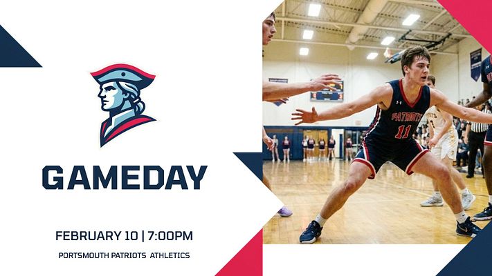Gameday announcement template featuring a left photo area of an athlete in action, right side with bold text for event details, red and navy color scheme.