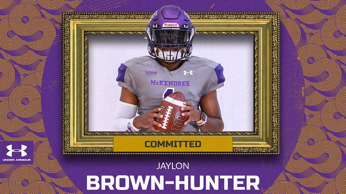 Dynamic template featuring a framed player photo in the center, bold name at the bottom, purple and gold color scheme, designed for commitment announcements and social media sharing.