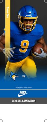 Portrait ticket template featuring athlete photo at top, team name and logo in center, Nike branding, and admission details at bottom on dark blue background