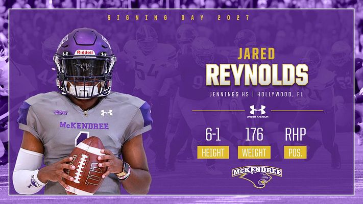 Player spotlight template for Signing Day featuring a large athlete photo, name highlighted, and sections for height, weight, and position on a purple and gold background.