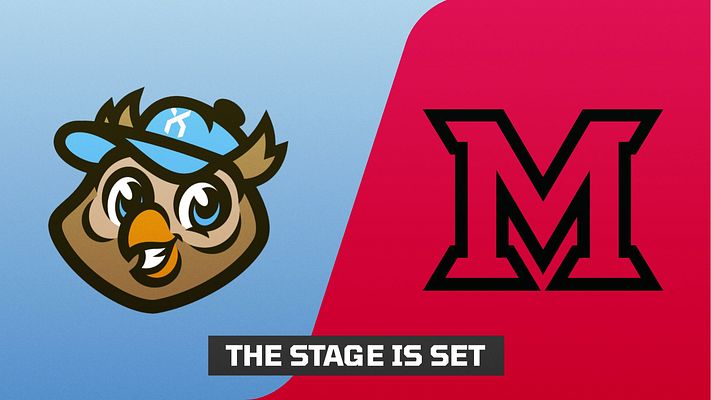 Logo Matchup template with split-screen design: blue section on left with team logo, red section on right with opposing team logo, creating a versus layout. Available in landscape, Instagram 4:5, and Story formats.