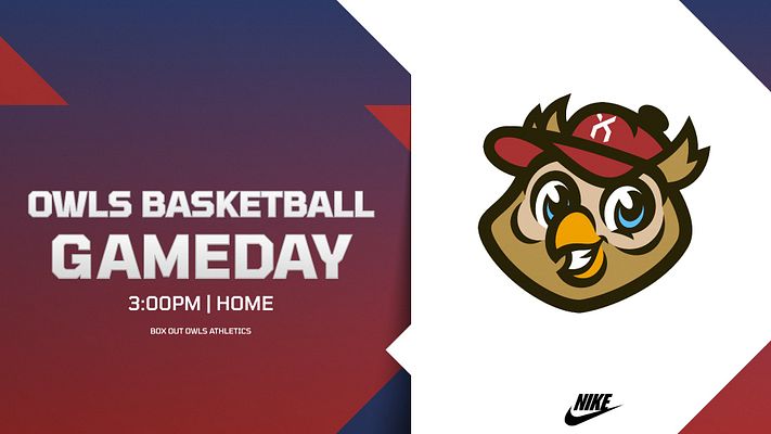 Sports announcement template with bold text for team name and game day on the left, mascot graphic on the right, red and blue color scheme, designed for social media sharing.