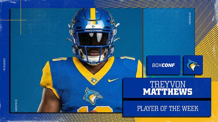 Player spotlight template featuring a frosted glass effect on a blue background, with a player photo on the left and name and title on the right, highlighting 'Player of the Week'.