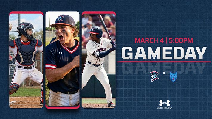 Gameday template with a dark background, featuring three player photo bubbles, event date and time on the left, and large text on the right. Designed for social media.
