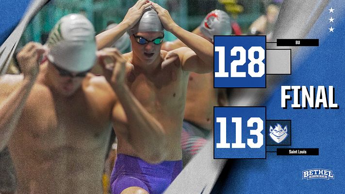 Swimming score template with a blue and gray background, featuring large score boxes for teams on the right side, action photos of swimmers on the left, and 'FINAL' text prominently displayed.