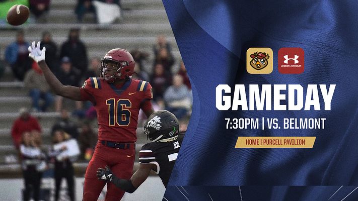 Game day template with football player photo on left, blue diagonal stripe design on right, logos at top, and white text displaying game time, opponent, and location details