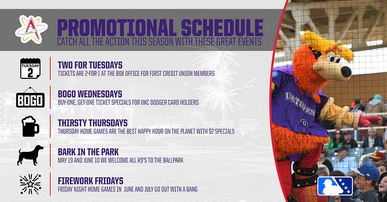 Event promo template with a gray and purple color scheme, featuring a list of themed nights on the left and a mascot image on the right. Designed for MiLB promotions.