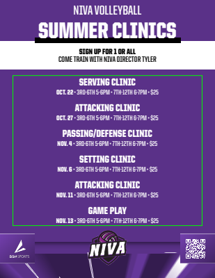 Vertical clinic letter template featuring purple background, bold title at the top, sections for clinic details and pricing, and a QR code at the bottom for sign-ups.