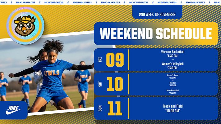 Multi-format weekend schedule template with bright yellow and blue color scheme. Header area for weekend title, and three columns listing sports events for Friday to Sunday.