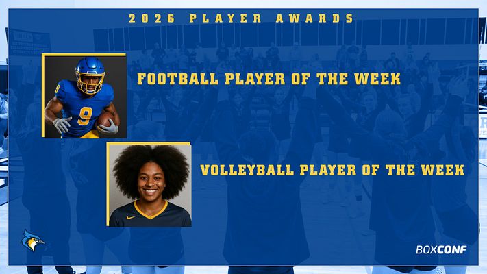 Multi-player spotlight template with a blue and gold color scheme, featuring two photo areas for players, text sections for player names and titles, landscape orientation.