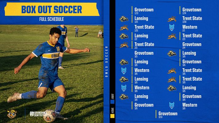 Vertical sports schedule template with a left photo area showcasing an athlete in action, and a right column listing game dates and opponents in blue and yellow colors.