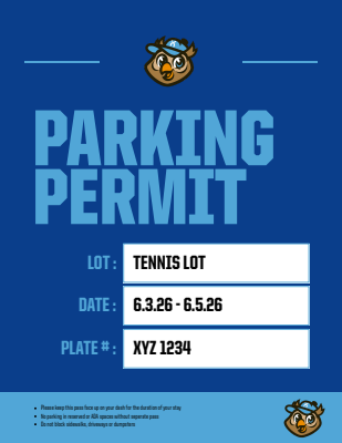 Parking pass template with a blue background, large 'PARKING PERMIT' text at top, and sections for lot, date, and plate number in white text, includes logo at top.