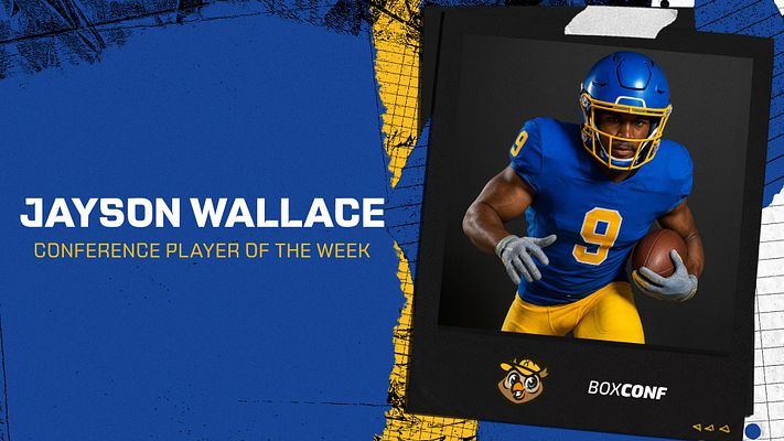 Player spotlight template with blue background, large photo area on the right, athlete's name in bold on the left, and space for accolades below, designed for social media.