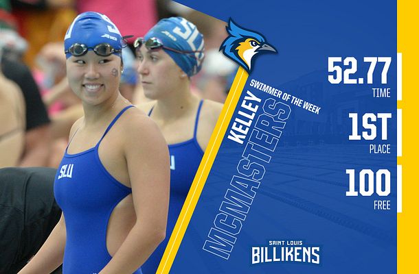 Swimming player spotlight template with landscape layout featuring large athlete photo on left, blue gradient background, right side displaying player name banner, team mascot logo, and statistics sections for time, place, and freestyle distance