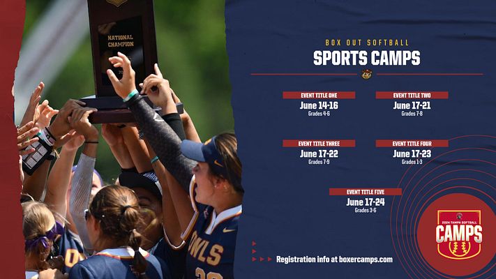 Camp schedule template featuring a dynamic layout with a large image of athletes celebrating at the top, event details listed on the right, and bold, vibrant colors.