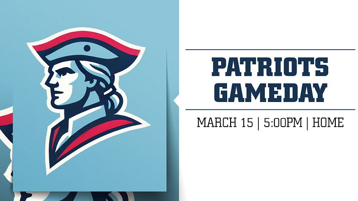 Game day announcement template with light blue background, team logo on left side, and right panel featuring bold navy headline text, date/time/location details, and horizontal line dividers. Suitable for social media and digital displays.