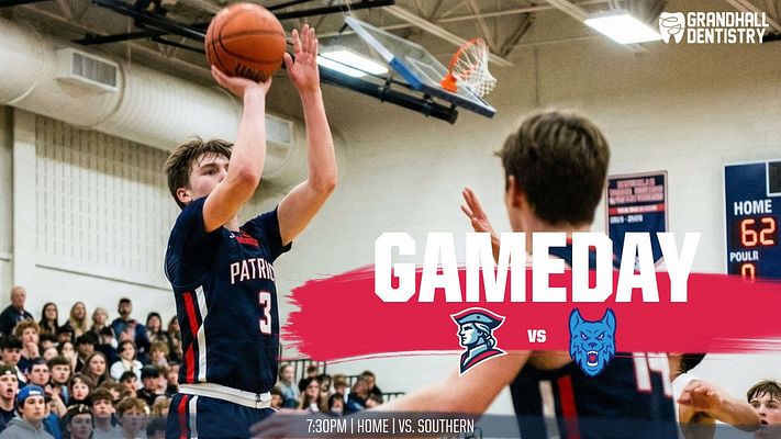 Game day template featuring a basketball player shooting on left, bold pink brush stroke across center with white 'GAMEDAY' text, opponent logos flanking 'VS', and game details at bottom. Designed for sports matchup promotions.
