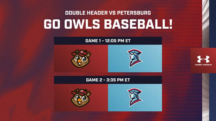 Gameday doubleheader template with gradient red background, featuring team logos for two games, game times listed, and Under Armour logo in the corner.