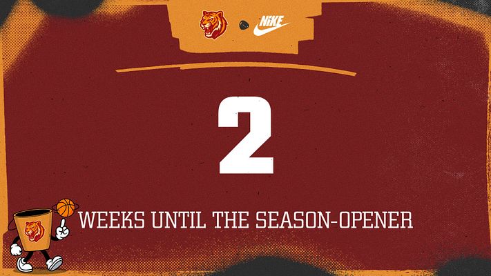 Basketball countdown template with bold red background, large white number display area, orange highlighter accent stripe, team logo placeholder at top, and white text reading 'WEEKS UNTIL THE SEASON-OPENER' with mascot graphic on lower left