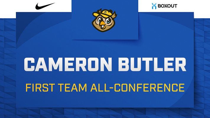 Player spotlight announcement template with bold blue background, team logo at top center, large white player name text, and gold subheading describing achievement. Features brand logos on top corners and modern diagonal design elements.