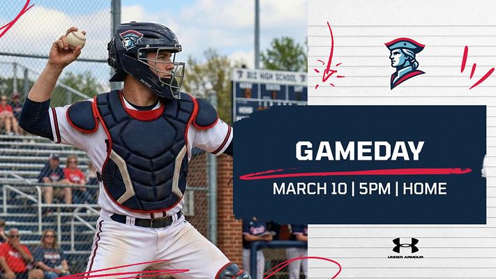 Gameday template with a photo of a catcher on the left, bold text area for game details on the right, featuring a paper tear design, vibrant colors, and sports-themed accents.