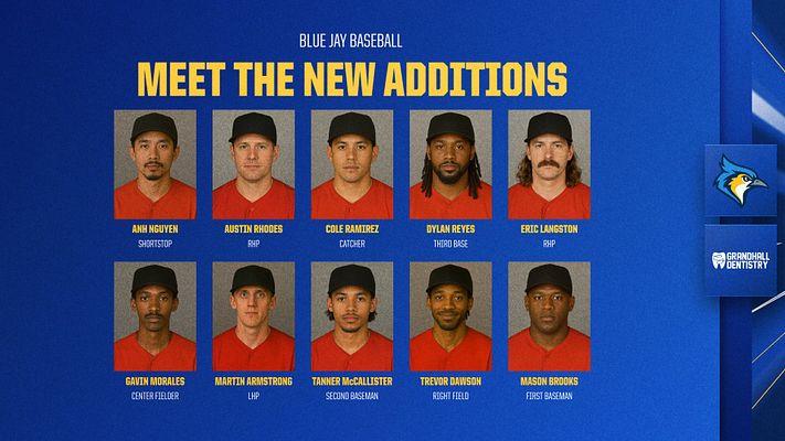 Photo roster template featuring eight runner headshots arranged in a grid, bold yellow 'MEET THE TEAM' title at the top, and logos in the bottom corner. Designed for player spotlight.