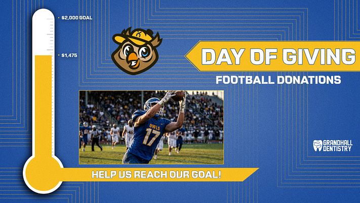 Fundraiser template featuring a thermometer progress tracker on left side, large "Day of Giving" headline in yellow, photo area for team/event image, and goal metrics. Dark blue background with geometric line pattern and yellow accents for sports donation campaigns.