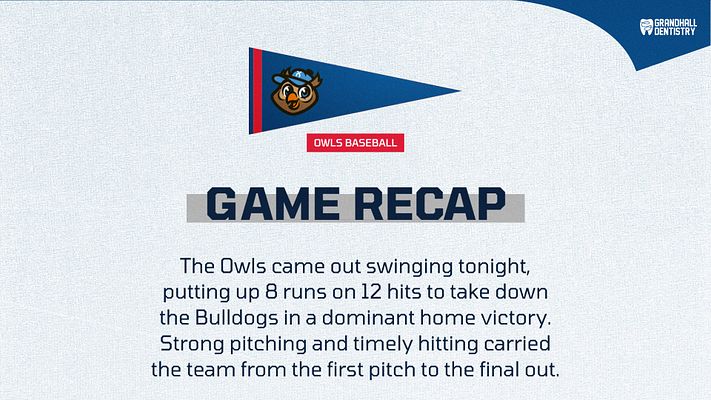 Game recap template with cream background, team logo at top, bold gold and navy text reading 'GAME RECAP', and descriptive text area below. Designed for quick athletic summaries across landscape, Instagram, and story formats.