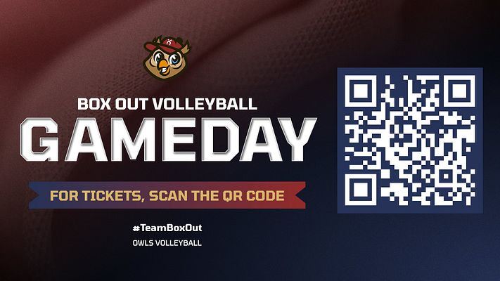 Announcement template featuring a dark purple background with textured fabric patterns, large text for event details, QR code on the right, and hashtags at the bottom.