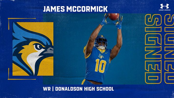 Player spotlight template with blue and gold color scheme featuring team logo on left, full-body player photo in center, player name at top, position and school info at bottom, and large vertical text on right. Exports to landscape, Instagram, and story formats.