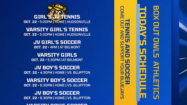 Event schedule template with deep blue background, team logo at top, left side listing multiple sports events with dates and times, right side featuring bold yellow vertical banners with text, designed for social media sharing across multiple platforms