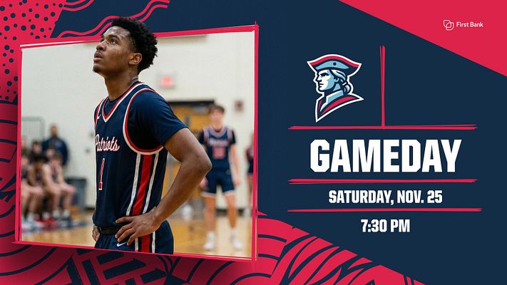 Modern gameday template with dark navy and red color scheme, featuring a large player photo on left with geometric border, team logos, and text areas for opponent, date, and game time on right. Designed for multi-format export to landscape, square, and story sizes.