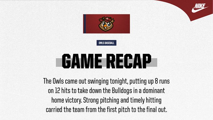 Game recap template with cream background, team logo at top, bold gold and navy text reading 'GAME RECAP', and descriptive text area below. Designed for quick athletic summaries across landscape, Instagram, and story formats.