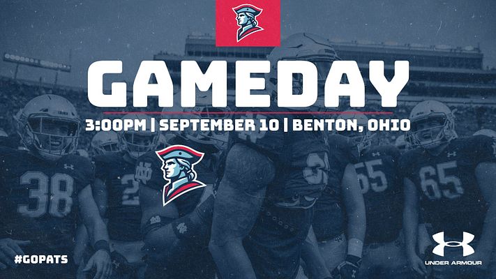 Gameday template with landscape orientation featuring stadium background image, large white GAMEDAY text, game time and location details, opponent logos on left and right sides, team hashtag and sponsor logo in corners