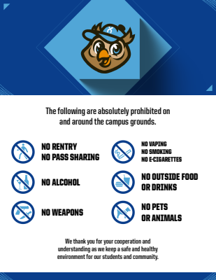 Campus rules template with purple and teal geometric design, mascot logo at top, and six prohibition icons arranged in grid showing no reentry, vaping, alcohol, outside food/drinks, weapons, and pets with explanatory text below