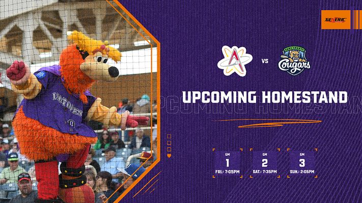 Sports graphic template for upcoming homestands featuring a mascot image on the left, team logos, and schedule details on the right with a purple and orange color scheme.