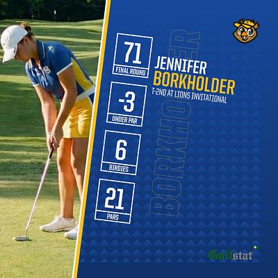 Golf player spotlight template with square layout featuring player photo on left, deep blue background with gold accents, and vertical stats section displaying score, hole info, birdies, and pars. Includes team logo and player name with tournament details.