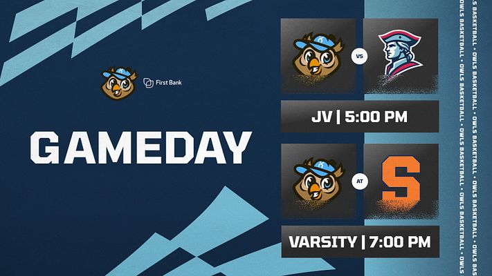 Gameday template with a navy background, featuring team logos in two matchups, game times, and titles 'JV' and 'Varsity'. Bold, large 'GAMEDAY' text in the center.