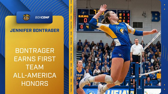 Player spotlight template with a dynamic volleyball player photo on the right, bold name and achievement text on the left, blue and gold color scheme, designed for social media.