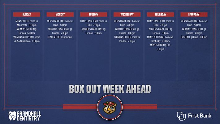 Weekly schedule template with seven day columns labeled Sunday through Saturday, each with red header bars and event listings. Dark blue background with centered 