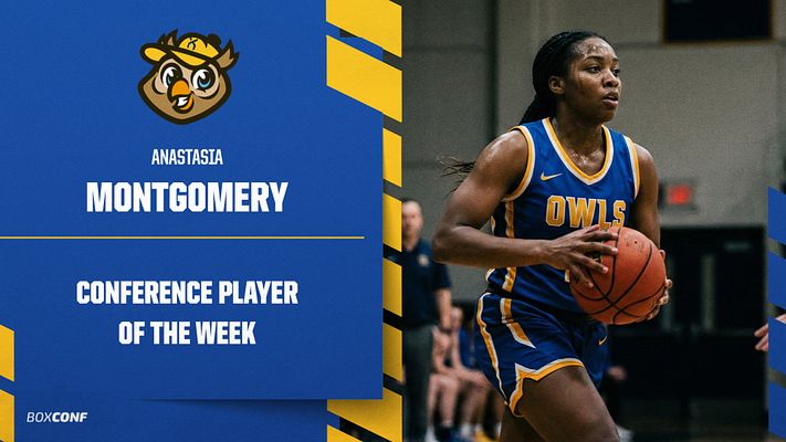 Player spotlight template with split layout: left side features team logo, player name, and award text on blue background with yellow accent stripes; right side displays large player action photo. Designed for social media sharing across multiple formats.