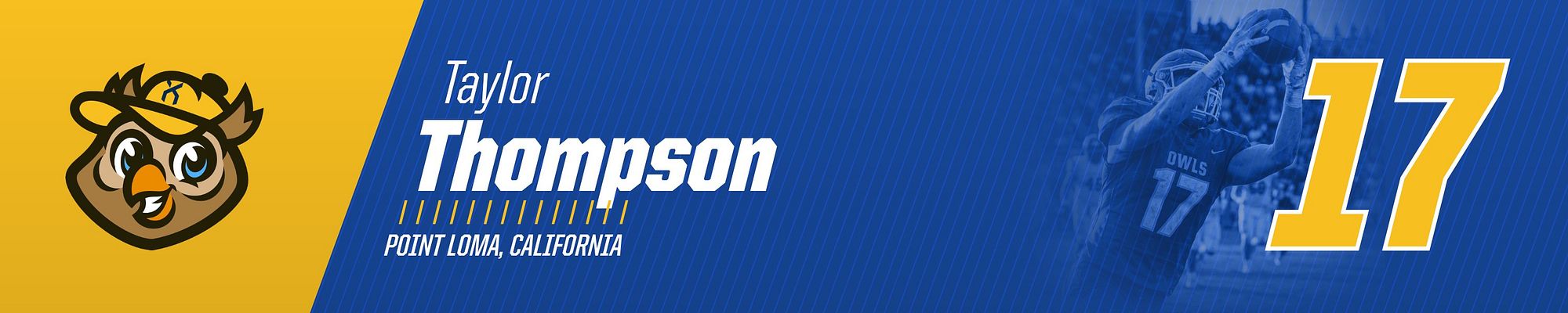 Locker sign template with angled blue background, team logo on left, player name and location in center, player photo, and large jersey number on right for identifying player lockers