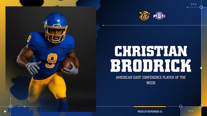 Player spotlight template with a dynamic photo on the left, bold text for the player's name and title on the right, and a dark blue and gold color scheme.