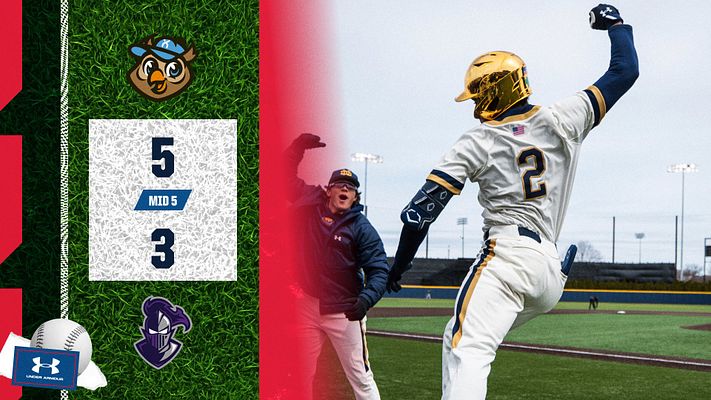 Score template featuring a grass background with team logos and a scoreboard showing 5-3. Action shot of a player celebrating on the right, designed for baseball or softball.