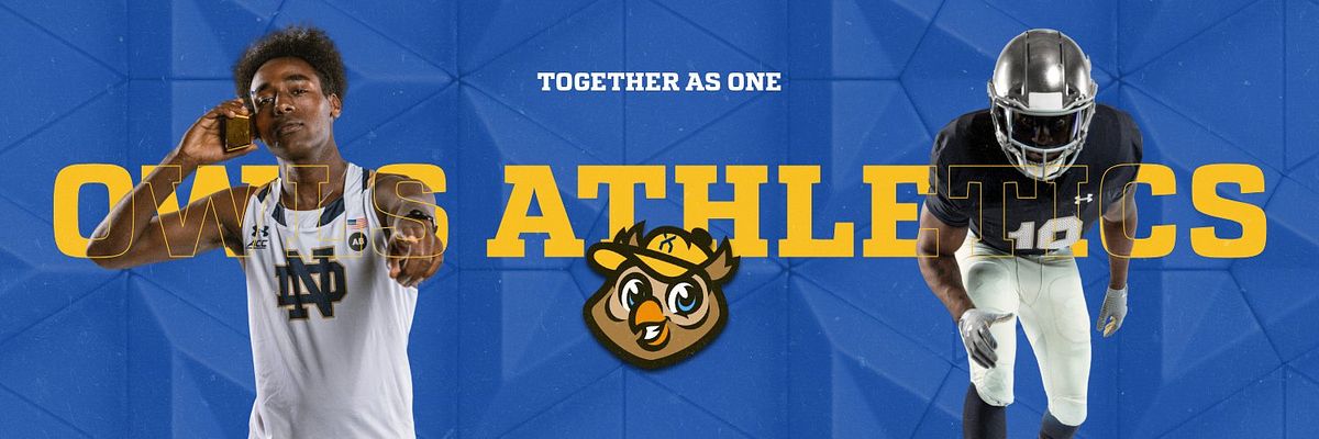 Social media banner template with bright blue geometric background, two portrait photos flanking large white athletic department text, yellow tagline above, and centered mascot logo. Designed for Twitter and promotional headlines.