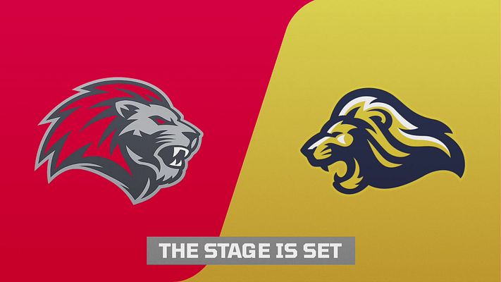 Logo Matchup template with split-screen design: blue section on left with team logo, red section on right with opposing team logo, creating a versus layout. Available in landscape, Instagram 4:5, and Story formats.