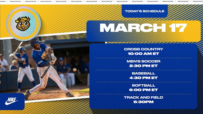 Multi-format daily schedule template with gold and navy color scheme, team logo in circular badge, large action sports photo, and blue banner listing events with times
