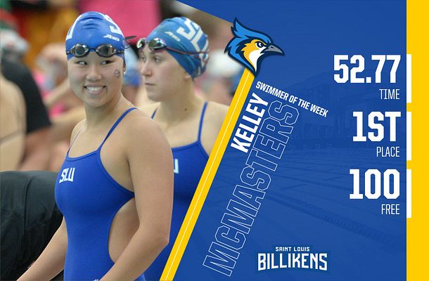 Swimming player spotlight template with landscape layout featuring large athlete photo on left, blue gradient background, right side displaying player name banner, team mascot logo, and statistics sections for time, place, and freestyle distance