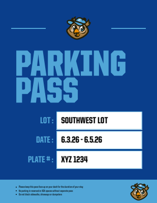 Parking pass template with a blue background, large 'PARKING PERMIT' text at top, and sections for lot, date, and plate number in white text, includes logo at top.